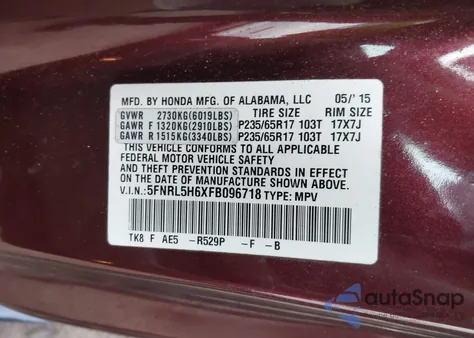 2015 Honda Odyssey Ex-L z USA, uszkodzony, nr VIN 5FNRL5H6XFB096718